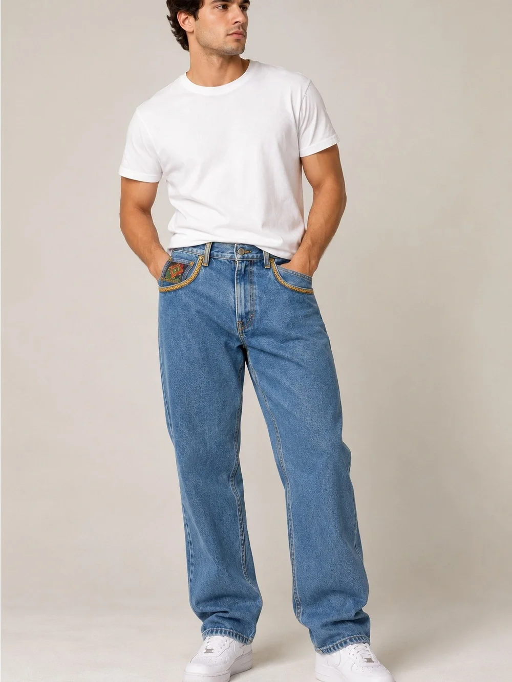 Relaxed Light Blue Men's Jeans with Embroidered Pocket Detail
